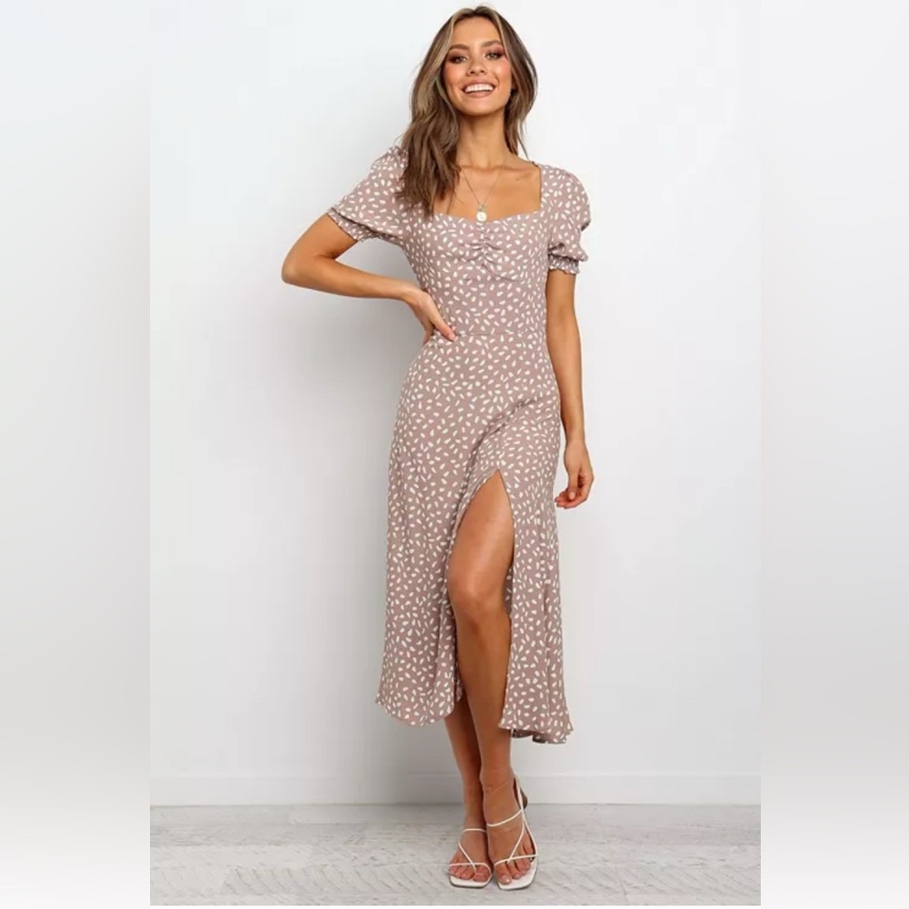 COTTAGECORE PUFFED SLEEVES SWEETHEART NECKLINE THIGH SLIT MIDI DRESS